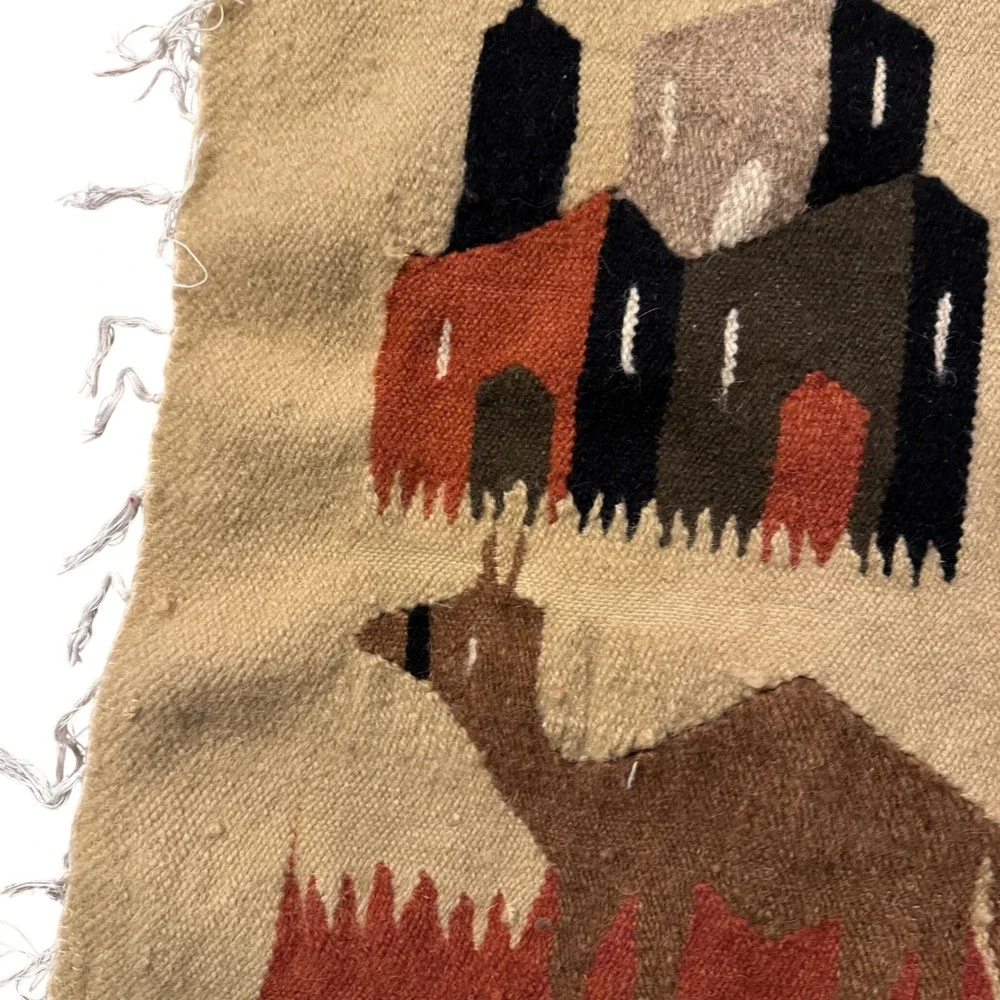 Vintage Egyptian Wool Tapestry Camel Caravan Oasis Handwoven Wall Hanging 42x24